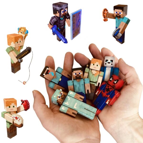 Šest barevných, dřevěných minecraft figurek na dlani