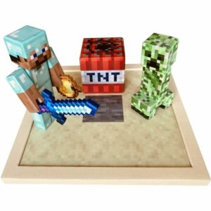 Dřevěné figurky Steva a Creepera z Minecraftu na magnetické podložce s pouštním motivem a TNT blokem