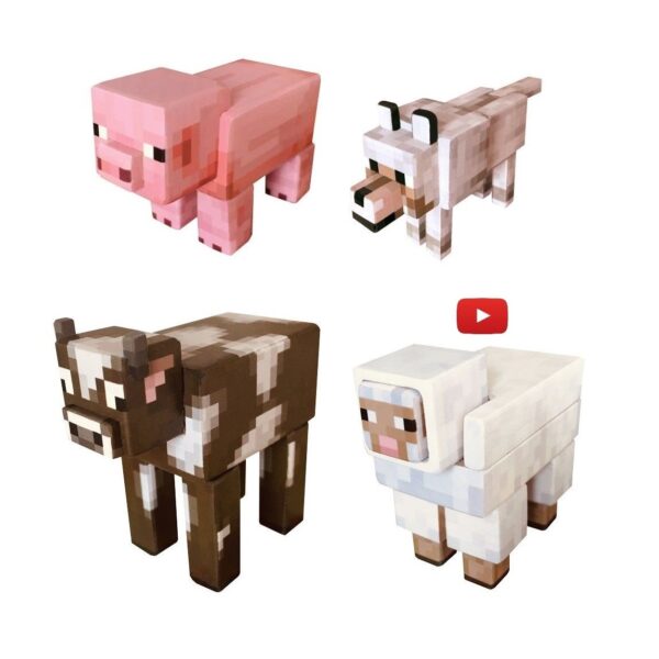 Dřevěné Minecraft zvířátka - prasátko, vlk, kravička a ovečka