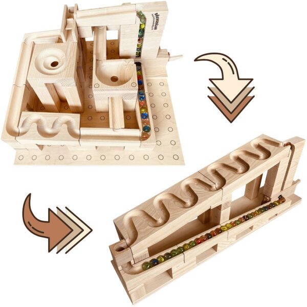 Dvě skládací magnetické kuličkové dráhy ze dřeva. Jedna jako startovací set a druhá ve tvaru S.