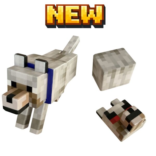 Minecraft pes (v sedící pozici) s nápisem NEW